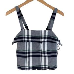 Club Monaco Womens Bridre Linen Blend Tank Side Tie Plaid Gray Green Lightweight